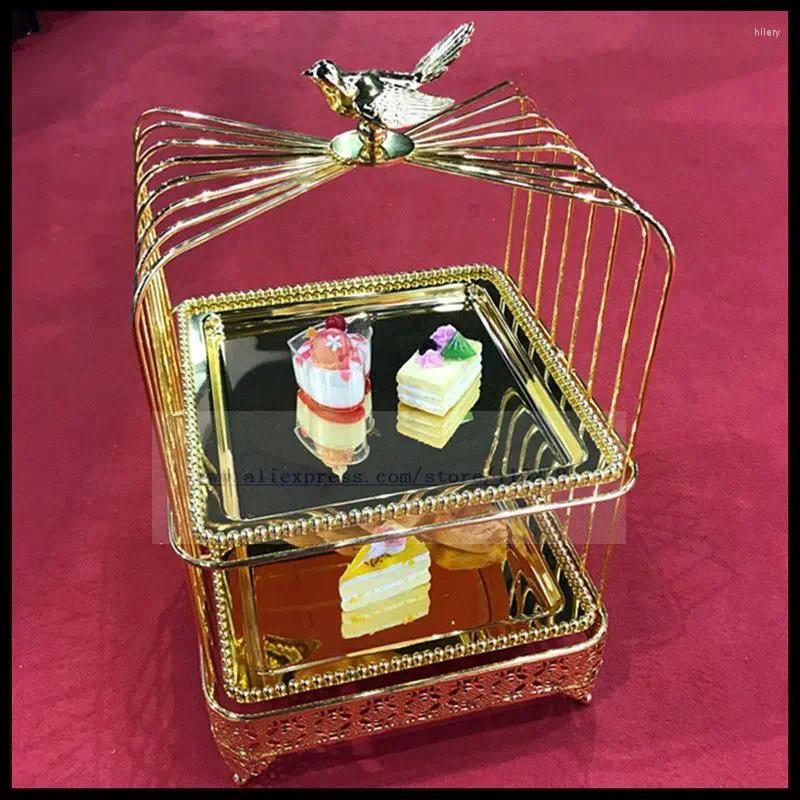 Teller europäischer Doppelschicht quadratischer Goldener Hohlvogel-Käfig-Snack-Stand Multi-Layer-Kuchen-Tee-Break-Dessert-Rack