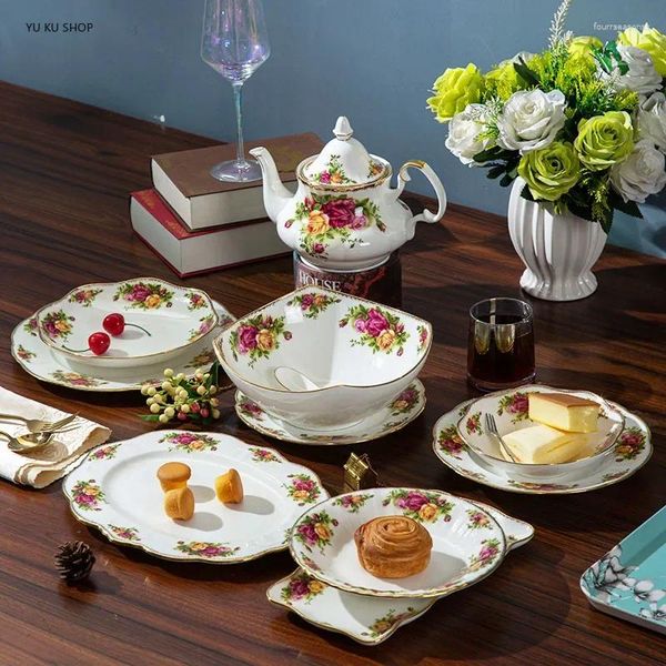 Assiettes européennes en os de Rose, dîner et plat en porcelaine, assiette en forme de cœur, bol à salade en céramique Spaghetti rétro, vaisselle de cuisine, cadeau