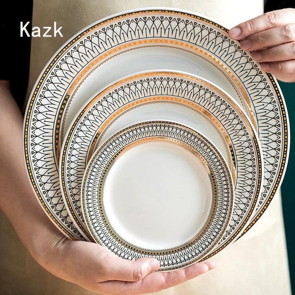 Assiettes en céramique à course d'or de Style européen, décor de Table à manger à la maison, bols à soupe de pâtes, ensemble de vaisselle de luxe