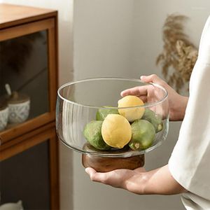 Assiettes européennes en verre Transparent, Base en bois, plateau à fruits, bol à salade, stockage de bonbons et de desserts, Table basse, bureau, décoration de la maison