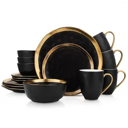 Assiettes Florian Modern 16 pièces Dish en porcelaine Ensemble or / noir idéal pour les occasions spéciales