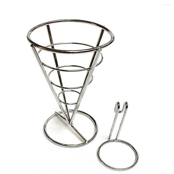 Soporte para platos de patatas fritas, cesta de cono de acero inoxidable, soporte para freír, alambre de Metal para patatas fritas con taza de condimento, aperitivo resistente, pollo frito