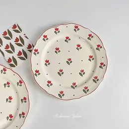 Borden Franse ins retro kanten keramische plaat met rode rand tulpen maaltijd ontbijt dessert westelijk hittebestendig