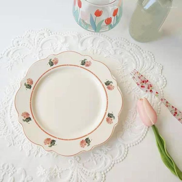 Platos de estilo Pastoral francés para niñas, sencillos, creativos, para el desayuno, para el desayuno, para el té de la tarde, para el postre, para la fruta, con encaje antiguo, rosa, plato redondo de cerámica