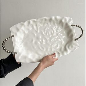 Assiettes français Simple gâteau présentoir blanc plateau en céramique pour la décoration perle poignée assiette de fruits 30 pouces rectangulaire