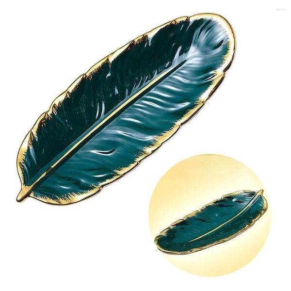 Assiettes plateau à fruits en forme de feuille de bananier, vert foncé séché, Style nordique en céramique avec bord doré pour la cuisine, la maison et le salon