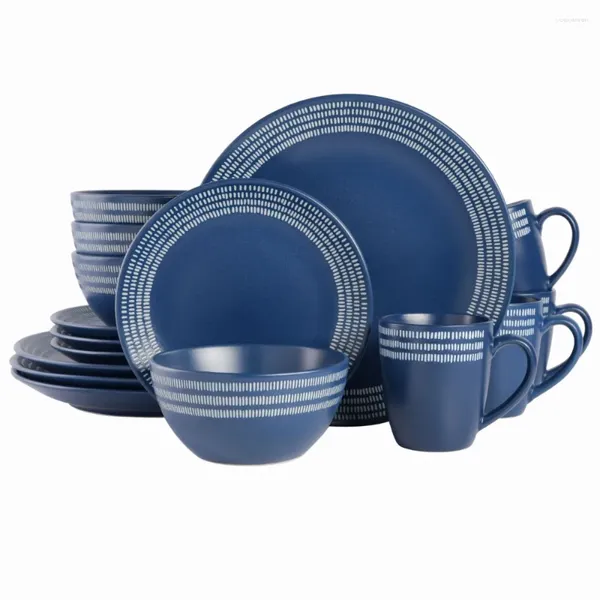 Plates Gap Home Juego De Vajilla Stoare Azul con Borde Rayado De 16 Piezas Estilo De Utilidad Diaria Y Persistencia Los Bordes Están Decorados