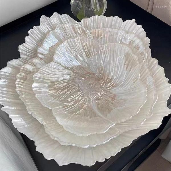 Platos de cristal para frutas, plato nórdico moderno con forma de flor blanca, platos para aperitivos y pasteles para el hogar, cristal nacarado, sencillo para el hogar