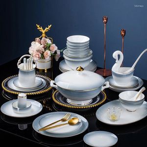 Jingdezhen – service de table complet en céramique, assiettes à glaçure grise, moderne et léger, vaisselle complète de luxe, 40 pièces de plats pour 6 personnes