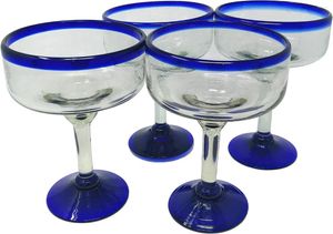 Borden Handgeblazen glas - Set van 4 Margarita-glazen Kobaltblauwe rand (16 Oz)