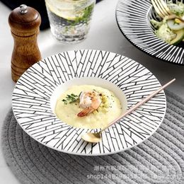 Assiettes peintes à la main, assiette à dîner Simple pour café, ligne noire et blanche, bord de largeur, chapeau de paille, soupe profonde en céramique