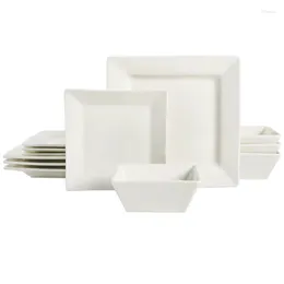 Plates Hard Square Juego de vajilla de cerámica fina de 12 piezas en blanco