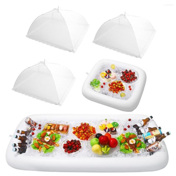 Platos Hemoton barra de servicio inflable y juego de tienda de malla Buffet ensalada plato de frutas bandeja soporte para bebidas para barbacoa Picnic piscina