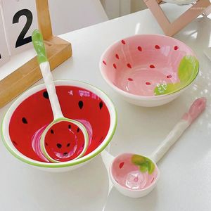 Assiettes haute apparence dessin animé bol en céramique Ins vent fraise pastèque cuillère enfants mignon riz soupe vaisselle