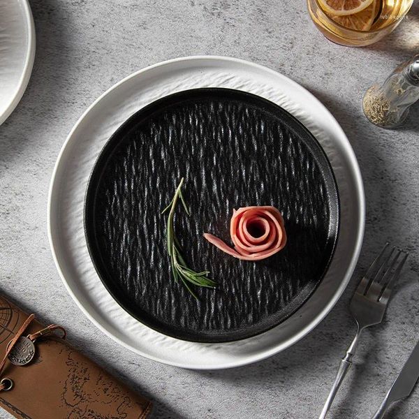 Assiettes à motif de haute beauté en céramique noire et blanche, vaisselle à Steak à disque profond, Restaurant