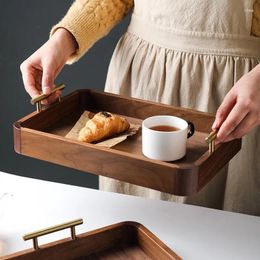 Platos Bandeja de madera de nogal negro de gama alta con mango Rectángulo Simple Madera japonesa para pastel Té Postre