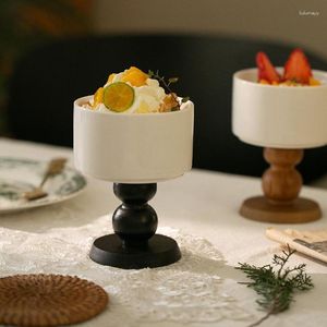 Assiettes à pattes hautes rétro en céramique Snack bol Style français support à gâteau fruits crémeux assiette à bonbons en bois verre à vin décor vaisselle