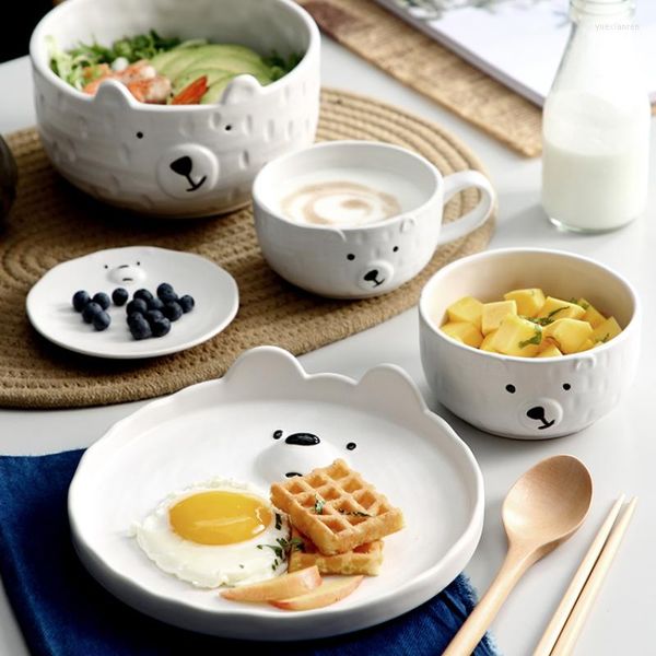 Platos para el hogar, juego de cubiertos japoneses con personalidad creativa para el desayuno, plato de dibujos animados de cerámica, cacerola de frutas con oso y corazón para niña bonita