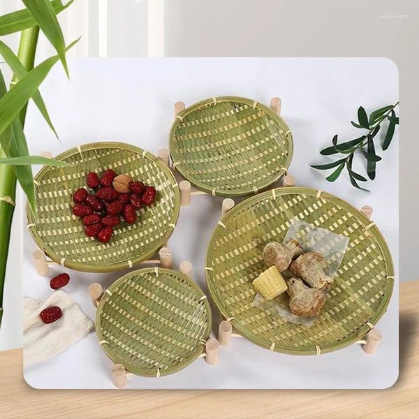 Assiettes de ménage en bambou tissé, assiette de fruits secs, panier en bois tissé à la main, plateau vert, cadre tissé