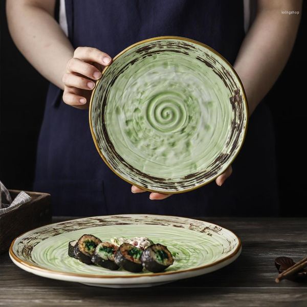 Platos japoneses de cerámica de 8 pulgadas, plato de cena de grano de madera verde, juego y platos Retro pintados a mano redondos para el hogar