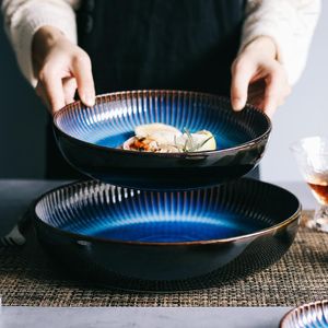 Platos de cerámica con rayas azules japonesas, plato de Ramen para bistec occidental, vajilla de cocina sencilla para el hogar, fideos redondos, sopa, ensalada, postre