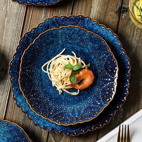 Platos Plato De Cena De Cerámica Japonesa Hogar Creativo Filete Azul El Conjunto Occidental Combinación