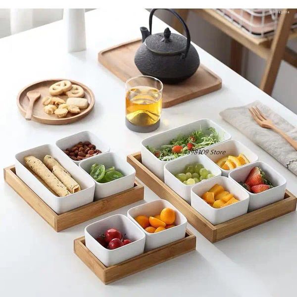 Assiettes Japonais Céramique Fruit Assiette Pudding Bowl Natural Bamboo Wood Tray Candy Snack Storage Compartement Salade