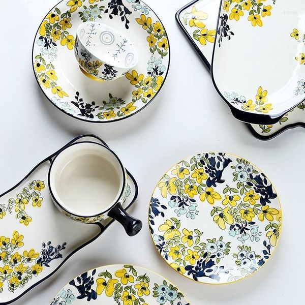 Assiettes série éventail de fleurs japonaises, vaisselle de cuisson, bol Ramen en céramique peint à la main, assiette à soupe, tasse, assiette mignonne
