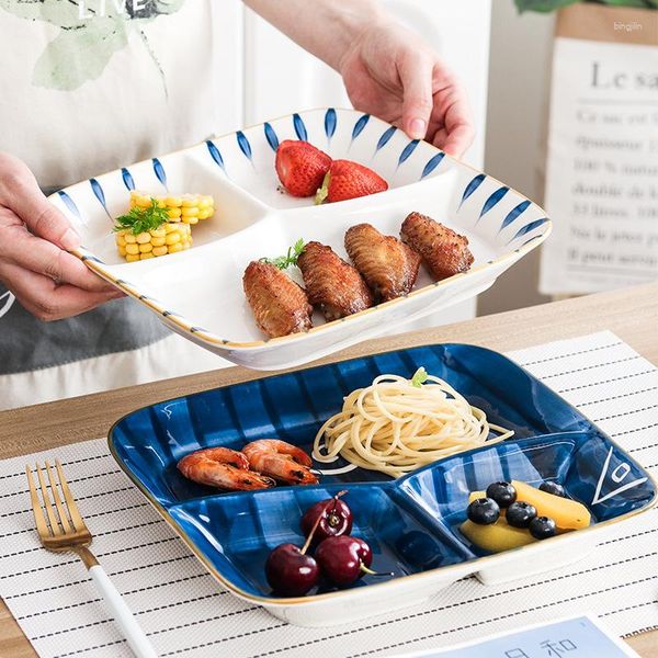 Platos japoneses para el hogar, plato de rejilla de cerámica, plato creativo para tres personas, juego de vajilla para el desayuno
