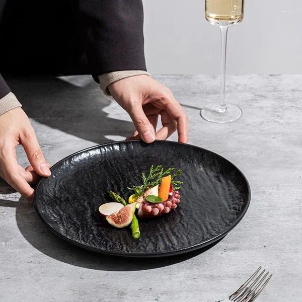 Platos japoneses para el hogar, suministros de cocina y restaurante, plato para ensalada de carne, vajilla occidental de roca, relieve redondo poco profundo de cerámica