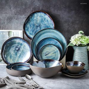 Assiettes Four japonais Changement de plat en céramique Bols Assiette bleue Assiette à salade Vaisselle Vaisselle Ensemble