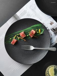 Assiettes couverts de Restaurant japonais, assiette à Steak givrée noire, plats de cuisine, ustensiles de cuisine en porcelaine ronde pour salade et Dessert
