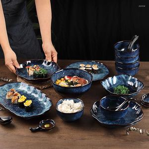 Platos japoneses Retro para el hogar, plato de cerámica, horno esmaltado de alta calidad, vajilla de apoyo, tazón de arroz, estrella azul