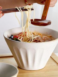 Assiettes japonaises en poterie brute, bol Ramen en céramique à Relief mat, trompette de soupe domestique, chapeau en bambou à pied haut