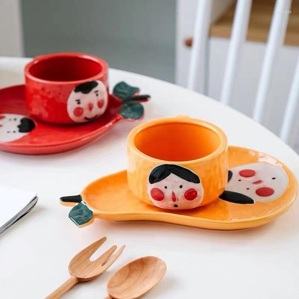 Platos de estilo japonés pintados a mano taza de té de manzana combinación juego de platos de café plato doméstico con asa