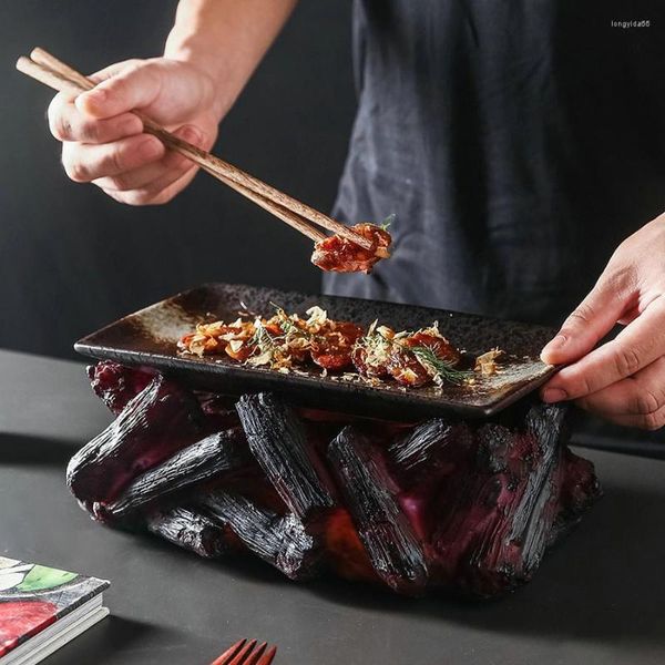 Platos estilo japonés simulación carbón volcánico modelado barbacoa plato cerámica hielo seco vajilla