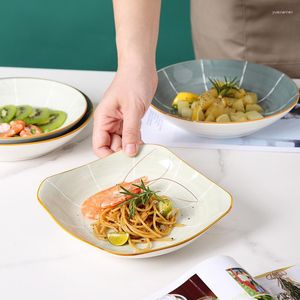 Platos Vajilla de estilo japonés Underglaze Color Cerámica Deep Home Dinner Figura cuadrada de alto perfil de 7 pulgadas Líneas simples