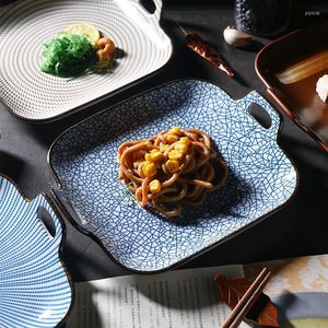 Assiettes à Dessert glacées de Style japonais, plats de dîner à rayures avec Double poignée, vaisselle à Steak carrée créative
