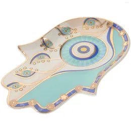 Assiettes Bijoux Plat Plateau Oeil Plaque Mal Hamsa Bague Bibelot Porte-Main Plateau de Service Extra Large Organisateur Céramique Collier Bleu