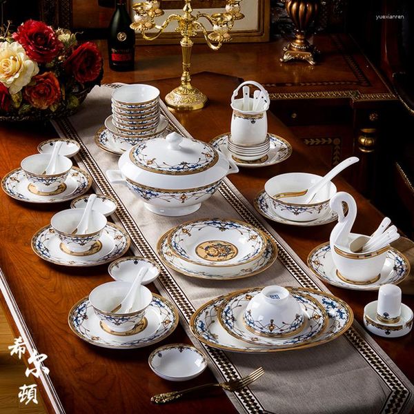 Assiettes Jingdezhen Bone Porcelaine Vaisselle Ensemble Haut Apparence Niveau Cuisine Complète De Plats Pour 6 Personnes