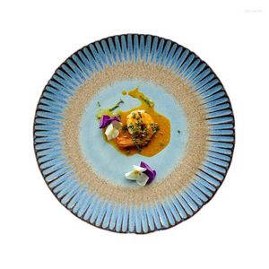Assiettes four tourne assiette en céramique à rayures bleues dîner rond Restaurant vaisselle décorative ensemble de Steak et plats