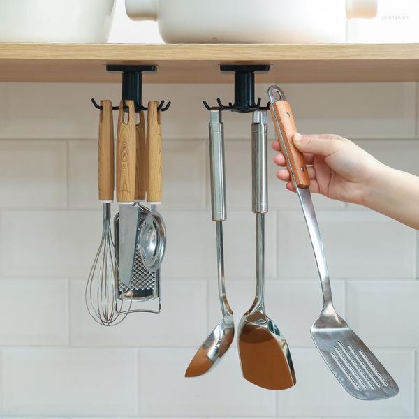 Colgador de almacenamiento de platos para cocina sin perforaciones y giratorio de 360 grados con 6 ganchos para guardar objetos pequeños montados en la pared