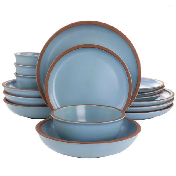 Plates Lagos Juego de vajilla doble de terracota de 16 piezas con acabado azul mate sólido, apto para microondas y lavavajillas