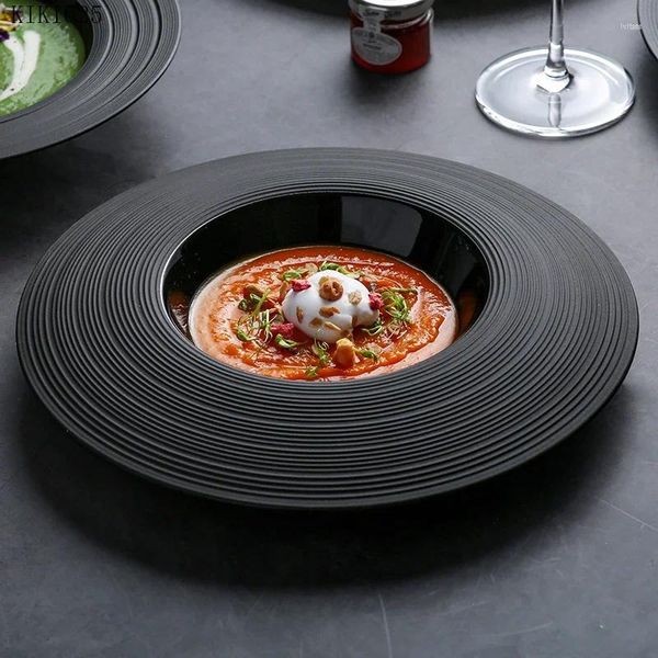 Platos de cerámica a rayas lineales, plato de cena negro, en forma de sombrero, Ensaladera de Pasta, decoración de mesa de cocina