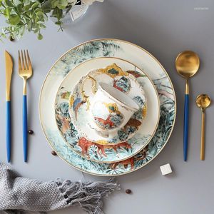 Assiettes plat Design Lion bord doré, assiette principale circulaire en céramique série forêt animale, plateau de vaisselle, plats français 8/10 pouces