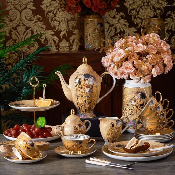 Assiettes De Luxe Bone China British Tea Cup Set Gustav Klimt Porcelaine Café Théière En Céramique Crémier Sucrier Pot À Lait Coffeeware