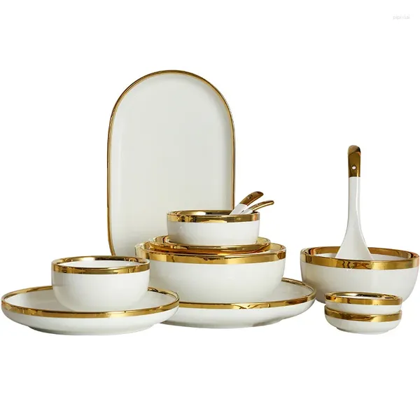 Assiettes de luxe de Style nordique, vaisselle à bord doré, vaisselle en porcelaine à os fin, plats en céramique et porcelaine, service de table