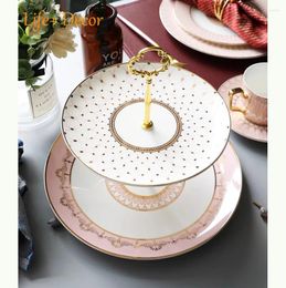 Assiettes de luxe modernes en porcelaine fine, Design à pois, couleur rose, plateau à Dessert à deux niveaux pour Restaurant de mariage El