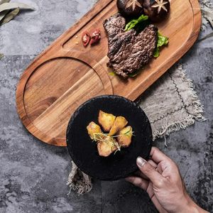 Assiettes en bois d'acacia multi-tailles avec assiette noire, plats occidentaux, plateau en bois de Style japonais, fournitures de rangement de cuisine domestique
