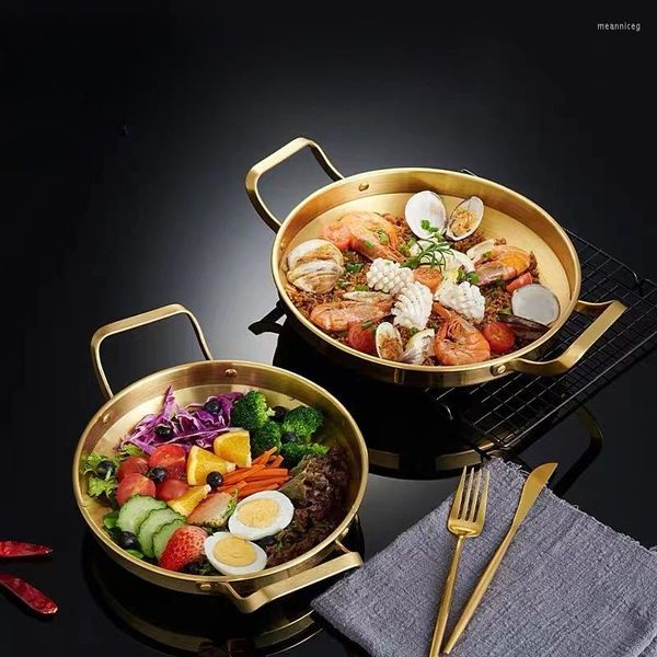 Platos redondos de varios tamaños de acero inoxidable, plato de marisco coreano con mango, miniolla dorada y plateada para calentar la cocina de inducción de Gas